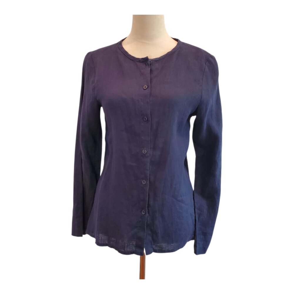 FLAX SZ P (4-6) Women's Long-sleeve Button Down Midnight Blue Linen Blouse Top - Picture 2 of 11